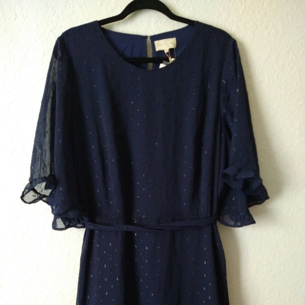 Melloday Womens Navy Chiffon Bell Sleeve Ruffle High Low Midi Dress Size 2X - Picture 2 of 4